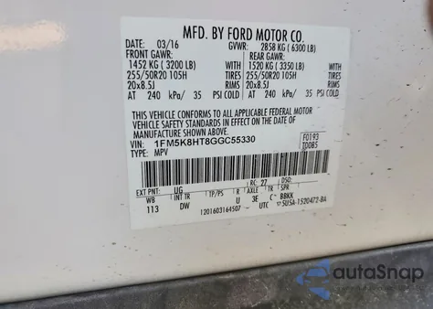 2016 Ford Explorer Platinum из США, поврежденный, VIN 1FM5K8HT8GGC55330